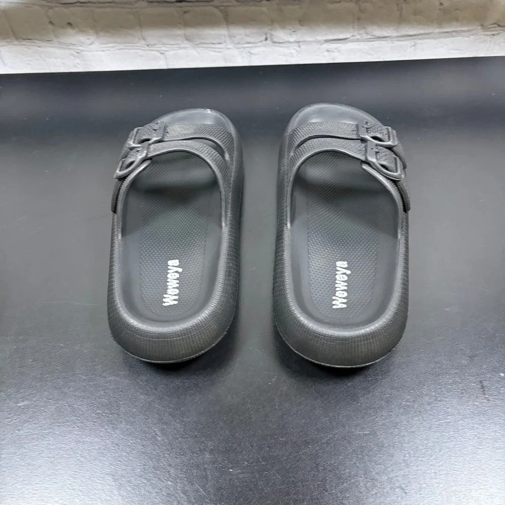 Weweya Black Double Buckle Cloud Slides Foam Sandals Mens 7-8 Womens 8.5-9.5